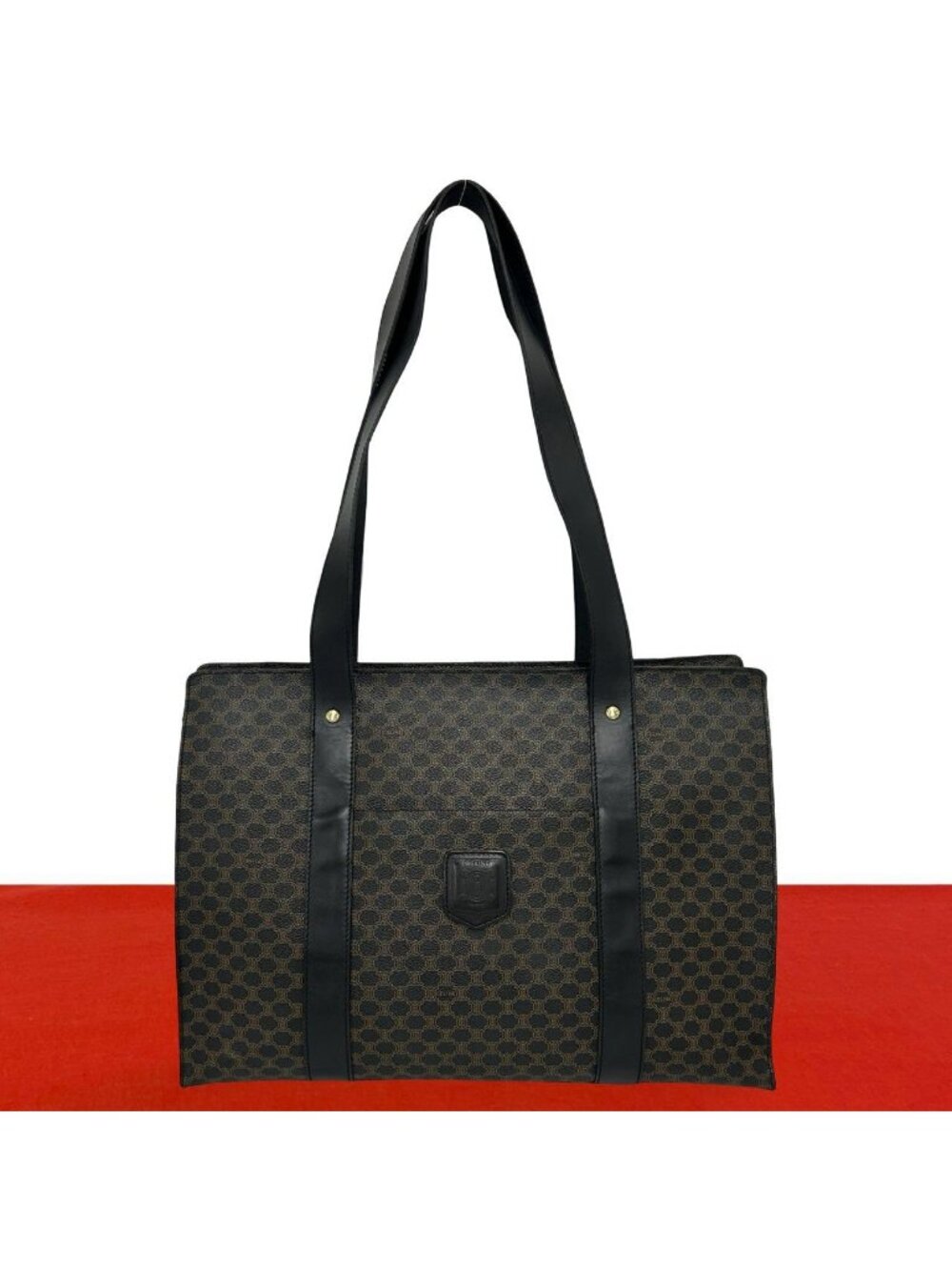 Celine Vintage Macadam Blason Pattern Leather Tote Bag Brown Black